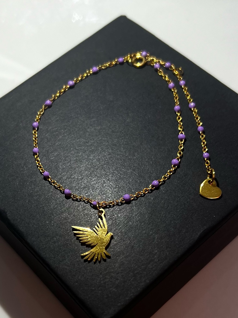 Gold Plated Dove Pendant Bracelet with Purple Enamel Beads